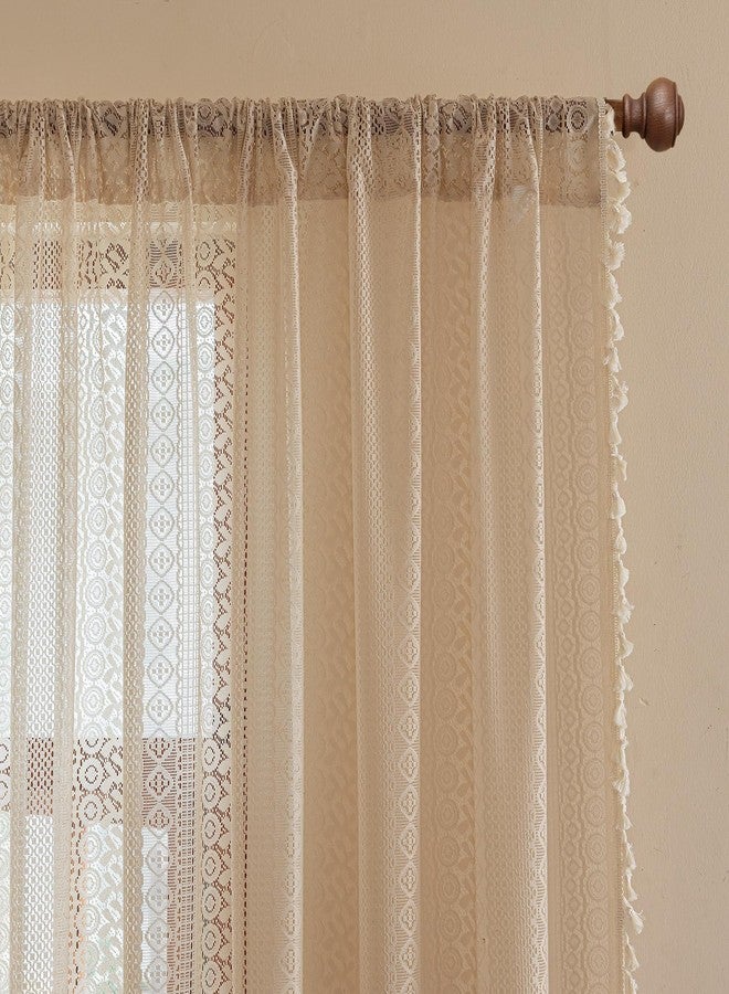TERLYTEX Boho Curtains 80 Inches Long 2 Panels, W60 x L80 Inch, Geometric Stripes Crochet Patterned Lace Curtains with Tassels for Living Room Rod Pocket Light Filtering Privacy Vintage Bohemian Window Curtain - Image 3